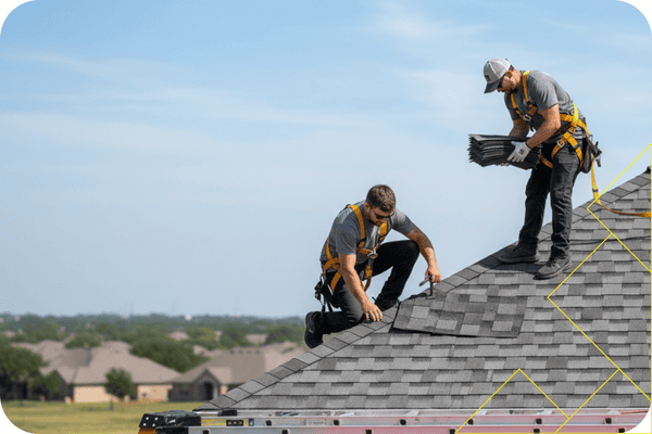 Mr. Roof Fix roofers in safety harnesses are actively repairing a residential roof on a bright day
