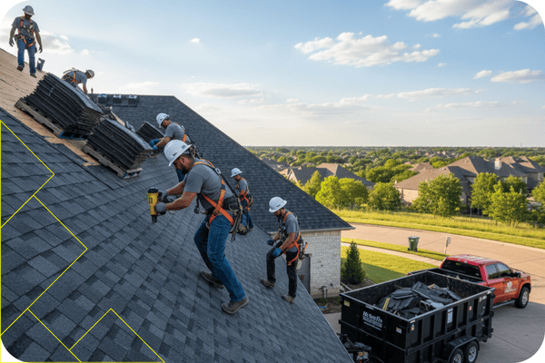 A team of Mr. Roof Fix workers in safety gear are expertly installing new shingles on a residential roof