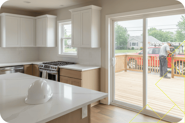 A bright, newly remodeled kitchen with white cabinets, light wood base cabinets, a quartz island
