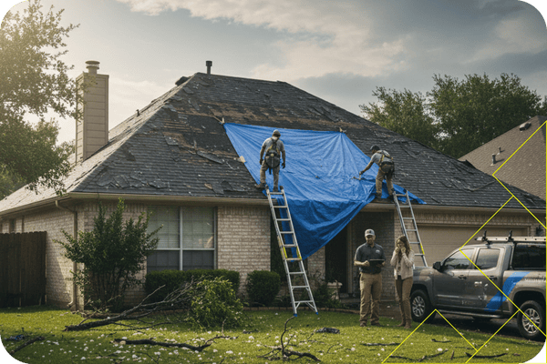 roofing contractors performing storm damage on residential roof