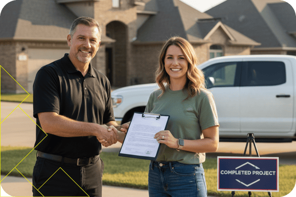 people shaking hands standing infront of home with a completed project sign