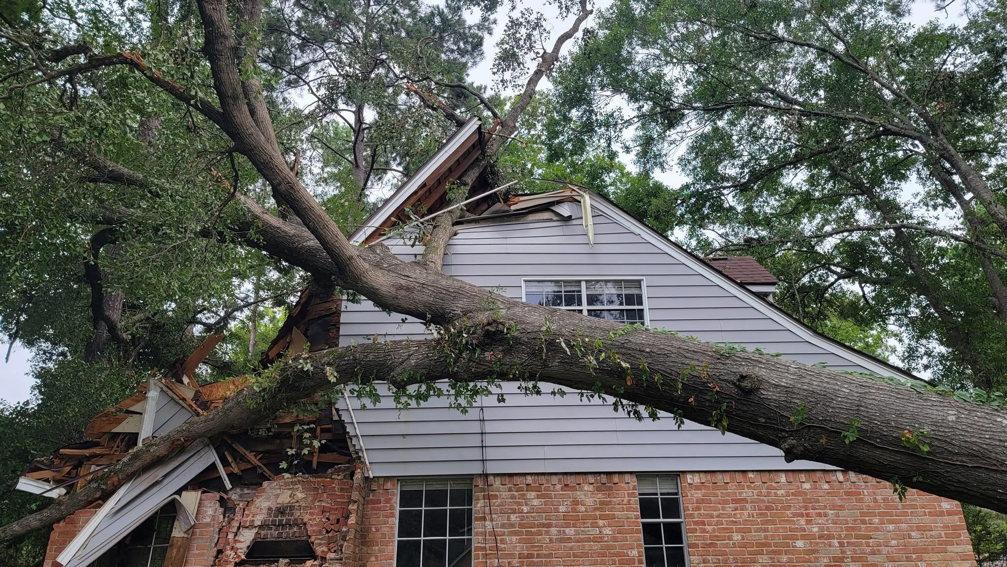 mr roof fix roof repairs in houston Tree fallen on house causing significant roof damage and exposing interior structure, highlighting urgent storm damage repair needs in Houston.