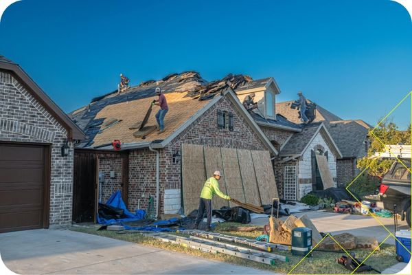 Hood County 1 Roofing crew working on a residential home in Hood County, Texas, replacing shingles and repairing roof, showcasing professional roofing services by Mr. Roof Fix.