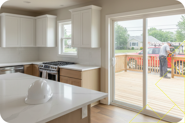 Collin County 3 A bright, newly remodeled kitchen with white cabinets, light wood base cabinets, a quartz island