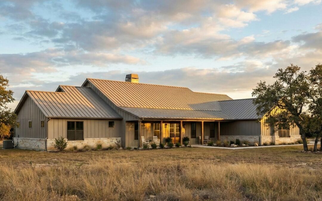 A wide-angle landscape photograph of a modern Texas ranch-style home with a standing-seam metal roof, under a partly cloudy sky at sunset.