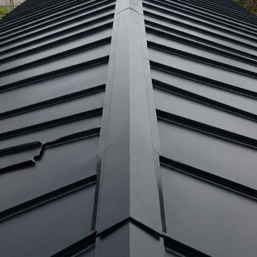 Metal roof close-up showing sleek, black panels and ridge cap, emphasizing durability and energy efficiency for Texas homes.