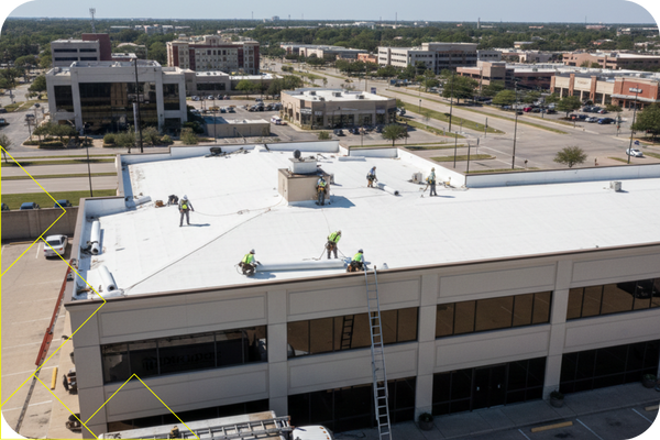 dallas County 2 Commercial roofing installation in Dallas County, workers applying TPO roofing system on flat roof of a business building, emphasizing local expertise and quality service.