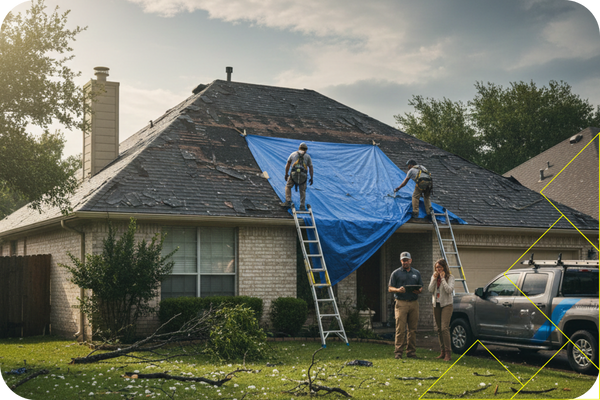 dallas County 3 Roofing team repairing storm-damaged roof with blue tarp, Dallas County home, showcasing residential roofing services by Mr. Roof Fix.