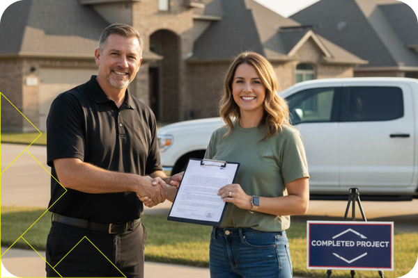 dallas County 4 Man and woman shaking hands in front of a house, woman holding a project completion document, sign reading "COMPLETED PROJECT," representing successful roofing services by Mr. Roof Fix in Dallas County.