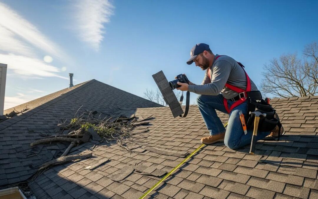 Professional roofing contractor assessing storm damage on a Texas home