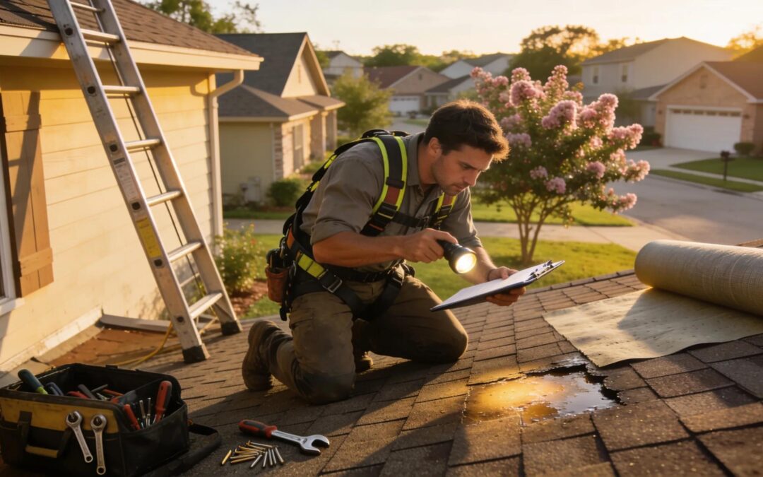 Professional roofer inspecting roof for leaks in sunny Texas neighborhood