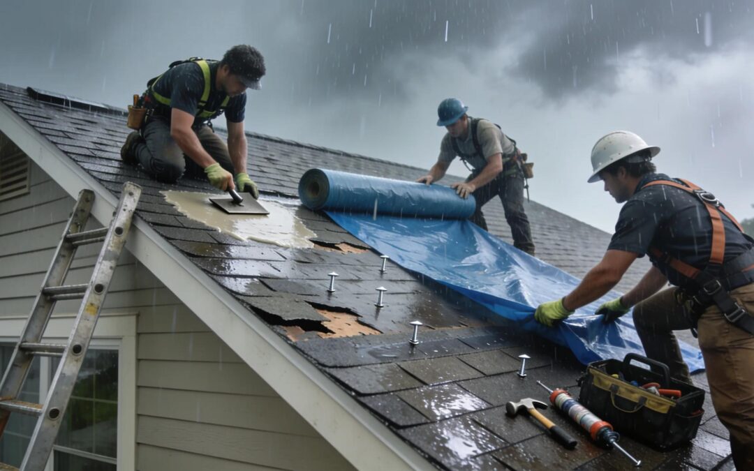Workers conducting urgent roof patching after a storm in North Texas