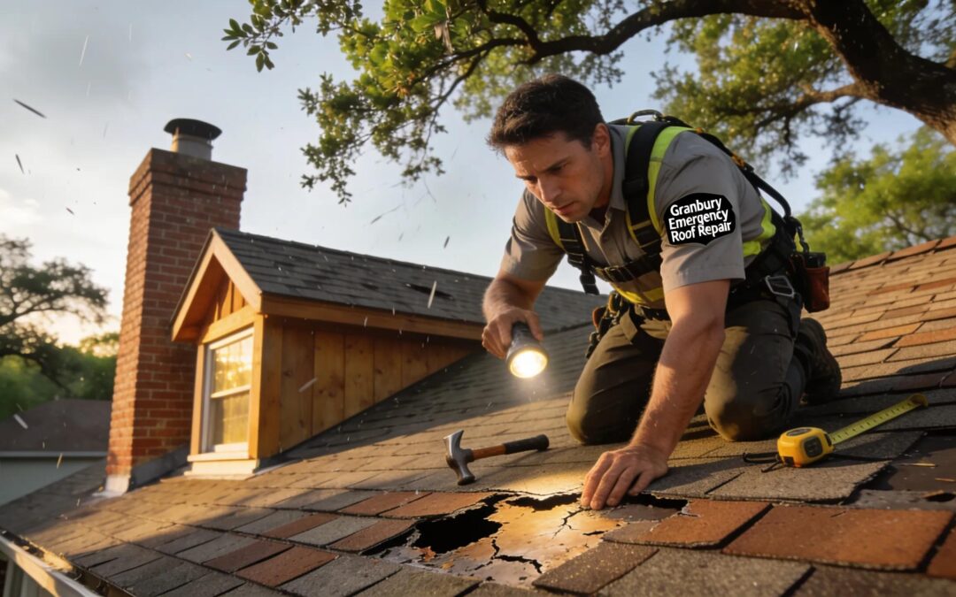 Emergency roofing assessment in Granbury, Texas highlighting immediate repair services