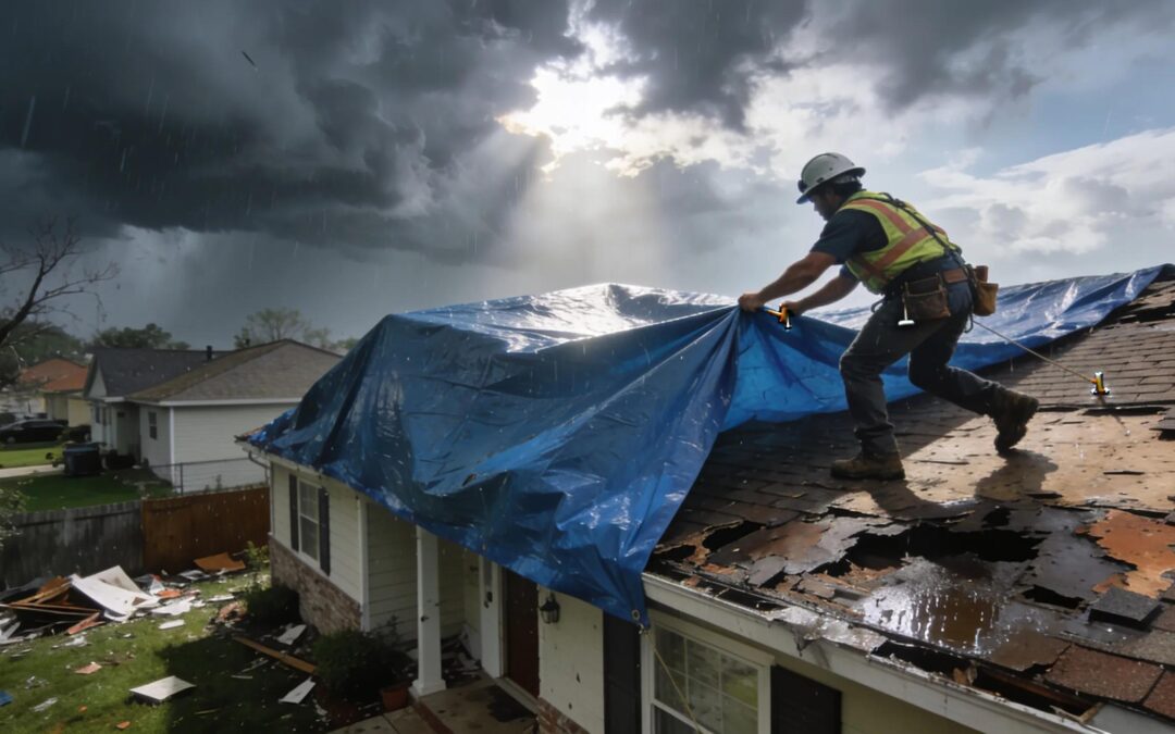 Roofing technician securing a tarp during emergency roof repair process